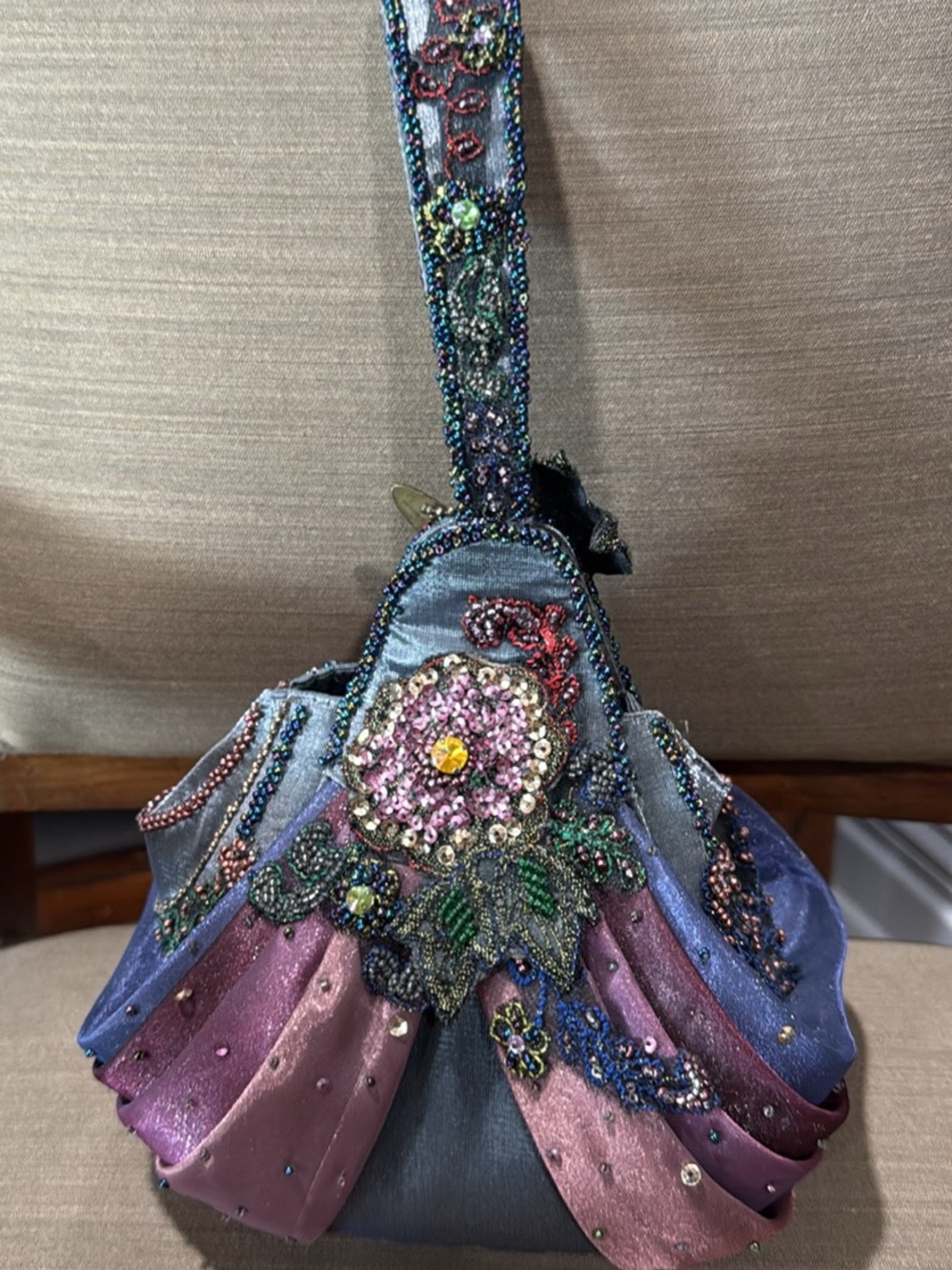 Embellished Floral Satin Evening Bag in Lavender and Teal